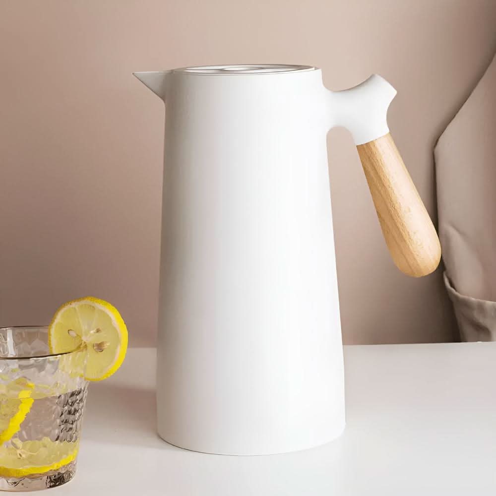 VetroLux Double Insulated Glass Carafe Wooden Handle For Hot Or Cold Drinks