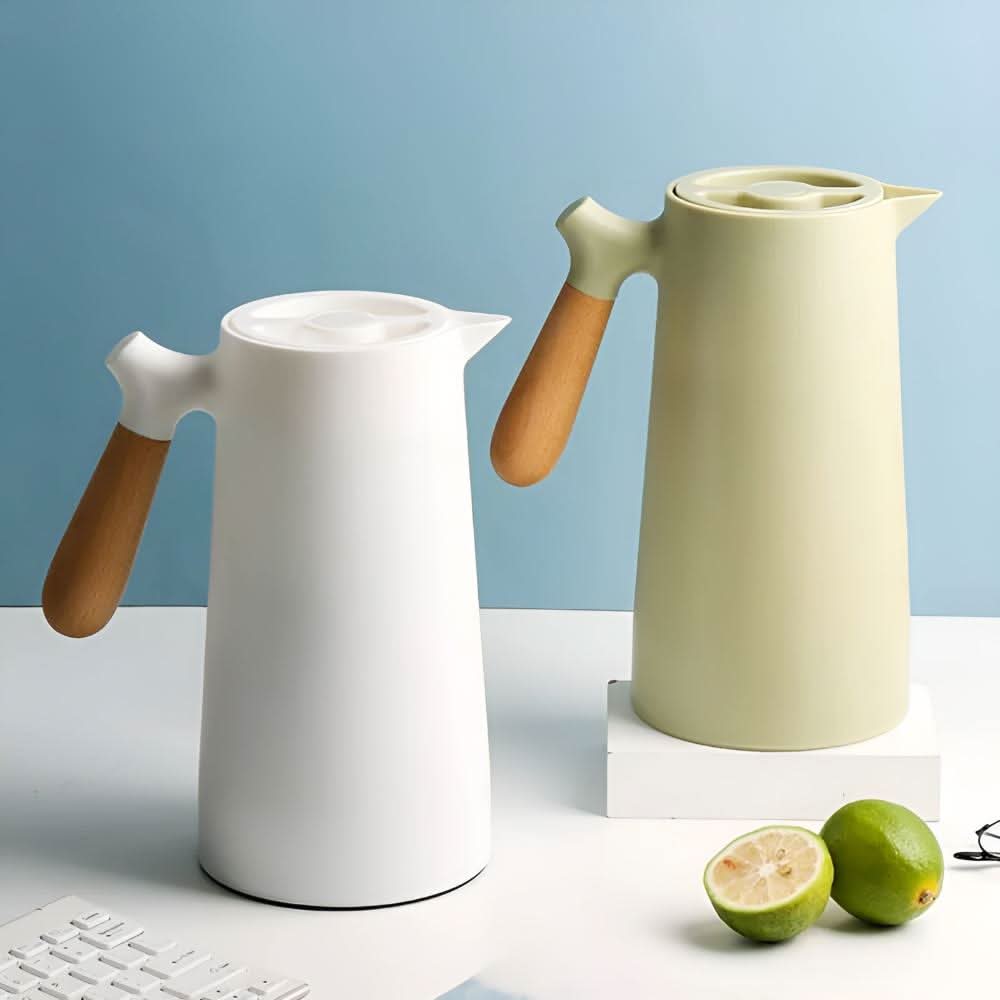 VetroLux Double Insulated Glass Carafe Wooden Handle For Hot Or Cold Drinks