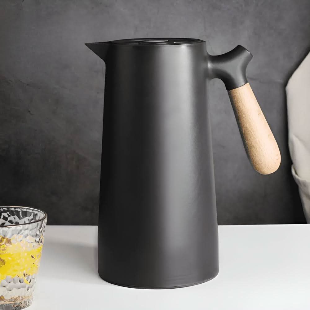 VetroLux Double Insulated Glass Carafe Wooden Handle For Hot Or Cold Drinks