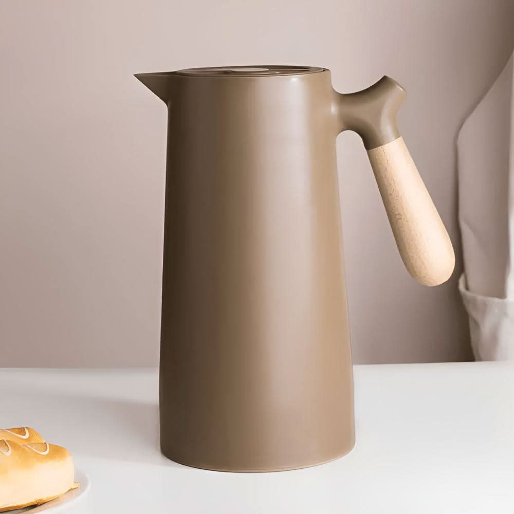VetroLux Double Insulated Glass Carafe Wooden Handle For Hot Or Cold Drinks