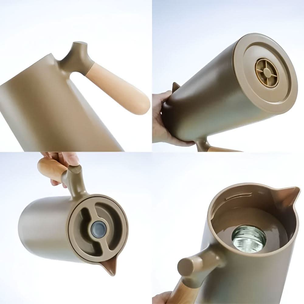 VetroLux Double Insulated Glass Carafe Wooden Handle For Hot Or Cold Drinks