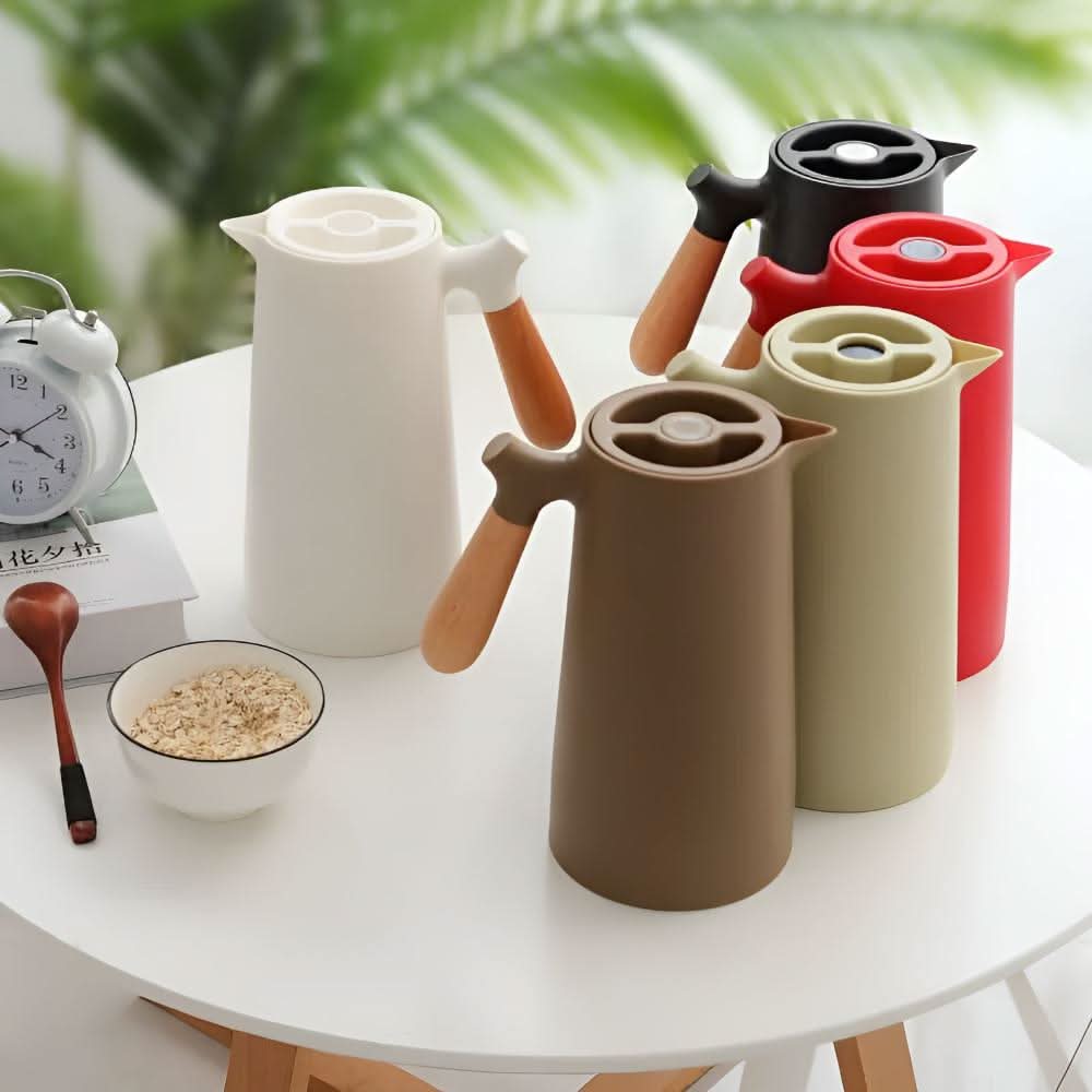 VetroLux Double Insulated Glass Carafe Wooden Handle For Hot Or Cold Drinks