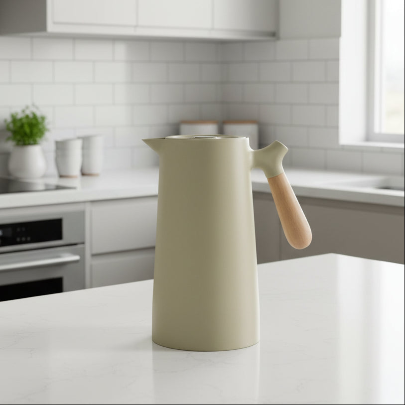VetroLux Double Insulated Glass Carafe Wooden Handle For Hot Or Cold Drinks