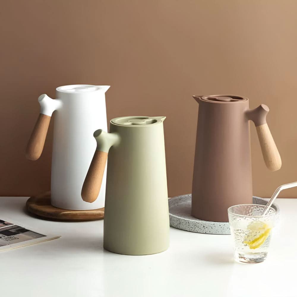 VetroLux Double Insulated Glass Carafe Wooden Handle For Hot Or Cold Drinks