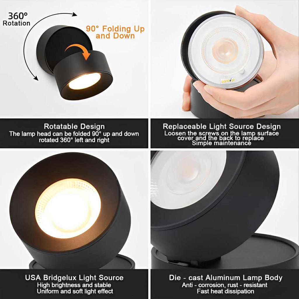 Aluminum Outdoor LED Wall Spotlight, Black, 360 Degree Rotatable, IP65, Surface Mounted