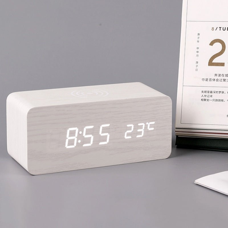 Sleek Wooden Alarm Clock With Built-In Wireless Pad For Your Nightstand