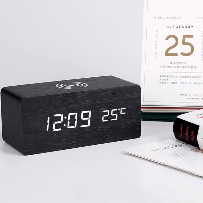 Sleek Wooden Alarm Clock With Built-In Wireless Pad For Your Nightstand