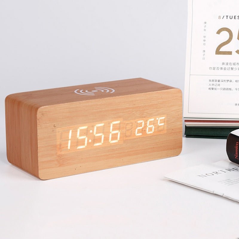 Sleek Wooden Alarm Clock With Built-In Wireless Pad For Your Nightstand