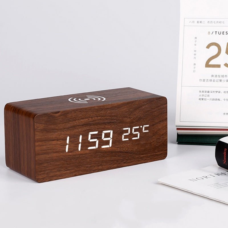 Sleek Wooden Alarm Clock With Built-In Wireless Pad For Your Nightstand